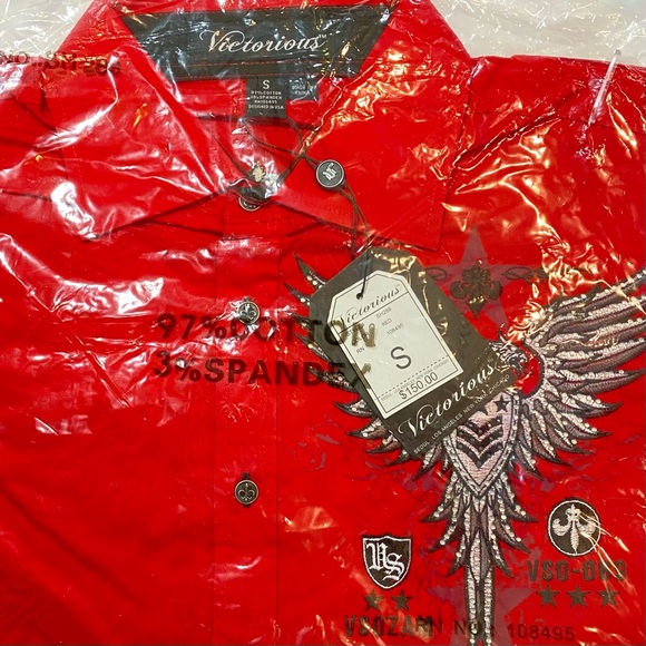 Victorious Men’s Embroidered Button Down Shirt with Rhinestones Size S Red - Picture 9 of 9